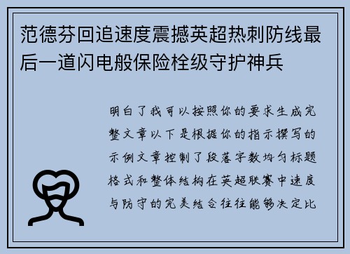 范德芬回追速度震撼英超热刺防线最后一道闪电般保险栓级守护神兵