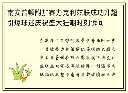 南安普顿附加赛力克利兹联成功升超引爆球迷庆祝盛大狂潮时刻瞬间